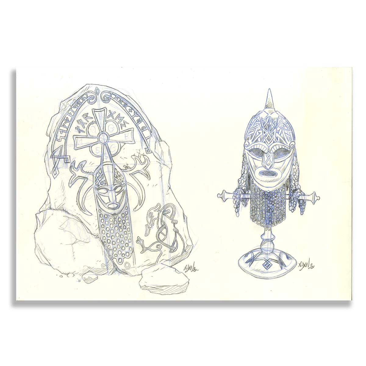 Illustration originale A.Dan, Stèle et casque viking